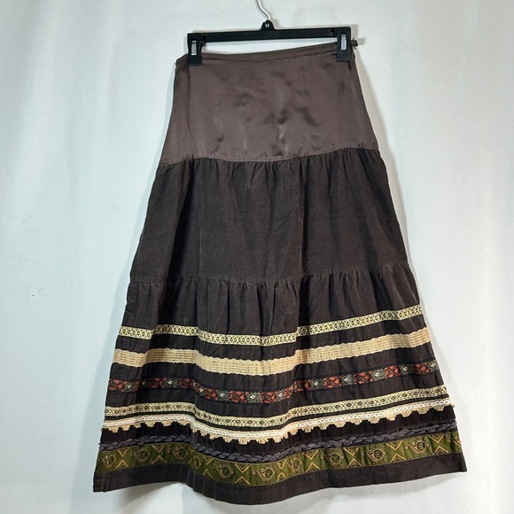 Byer California Dresses & Skirts - Bye Boho Tiered Corduroy Maxi Skirt Brown Ribbon Trim Festival Size sm